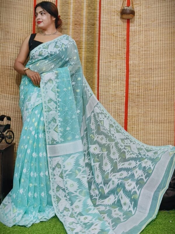 Oleander Soft Fountain Blue Dhakai Jamdani Saree