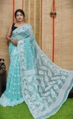 Oleander Soft Fountain Blue Dhakai Jamdani Saree