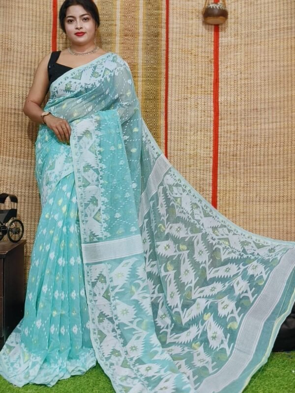 Oleander Soft Fountain Blue Dhakai Jamdani Saree