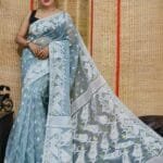 Oleander Soft Grey Blue Dhakai Jamdani Saree