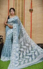 Oleander Soft Grey Blue Dhakai Jamdani Saree