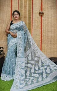 Oleander Soft Grey Blue Dhakai Jamdani Saree