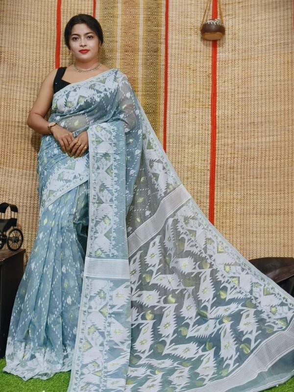 Oleander Soft Grey Blue Dhakai Jamdani Saree