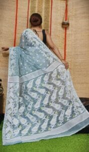 Oleander Soft Grey Blue Dhakai Jamdani Saree