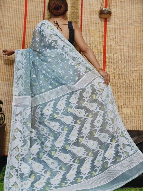 Oleander Soft Grey Blue Dhakai Jamdani Saree