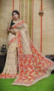 Oleander Soft Mushroom Dhakai Jamdani Saree
