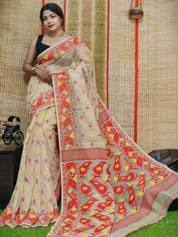 Oleander Soft Mushroom Dhakai Jamdani Saree