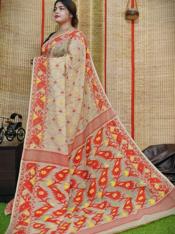 Oleander Soft Mushroom Dhakai Jamdani Saree