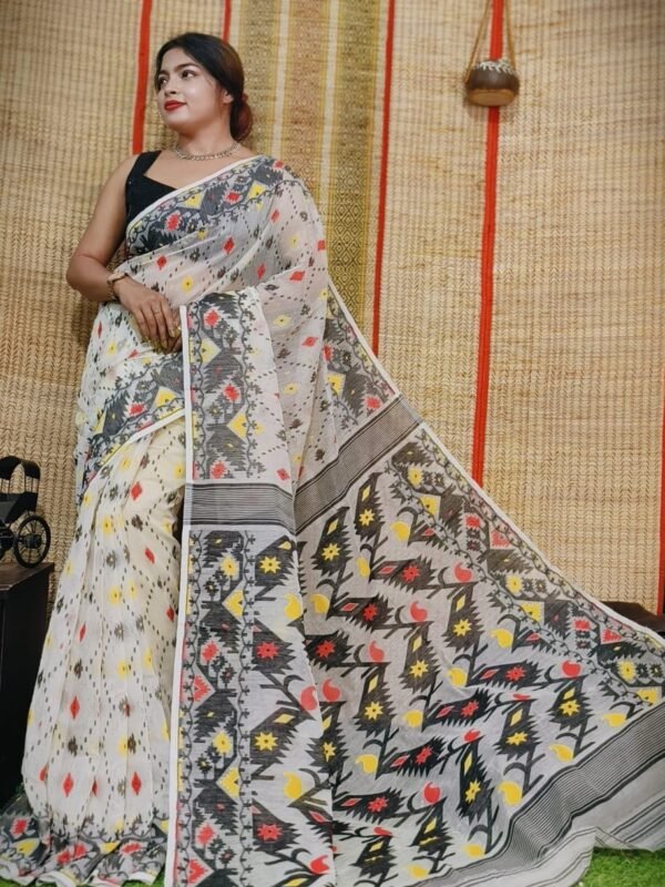 Oleander Soft Pastel Grey Dhakai Jamdani Saree
