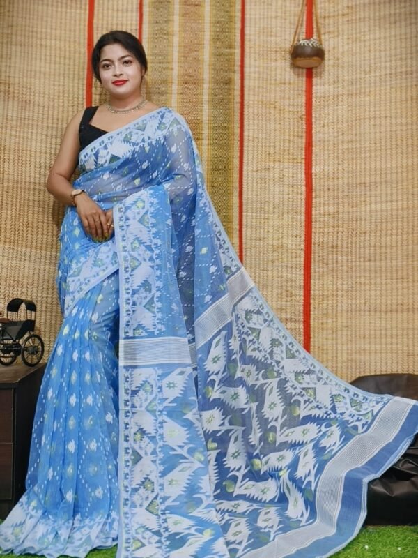 Oleander Soft Sky Blue Dhakai Jamdani Saree