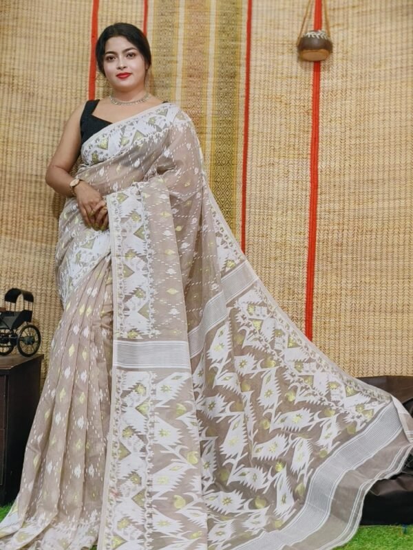 Oleander Soft Warm Grey Dhakai Jamdani Saree