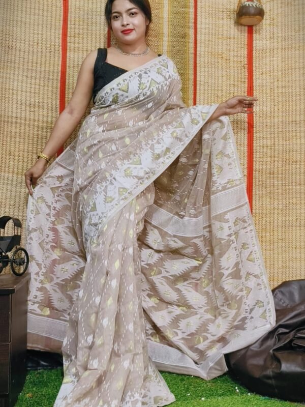 Oleander Soft Warm Grey Dhakai Jamdani Saree