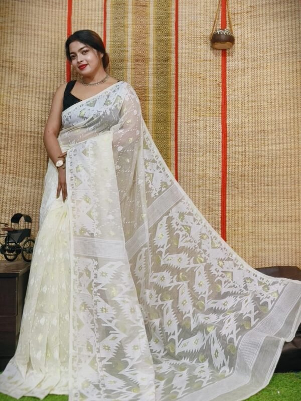Oleander Soft White Dhakai Jamdani Saree