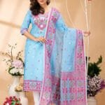 Four Leaf Coral Blue Unstitched Jamdani Kurti Set