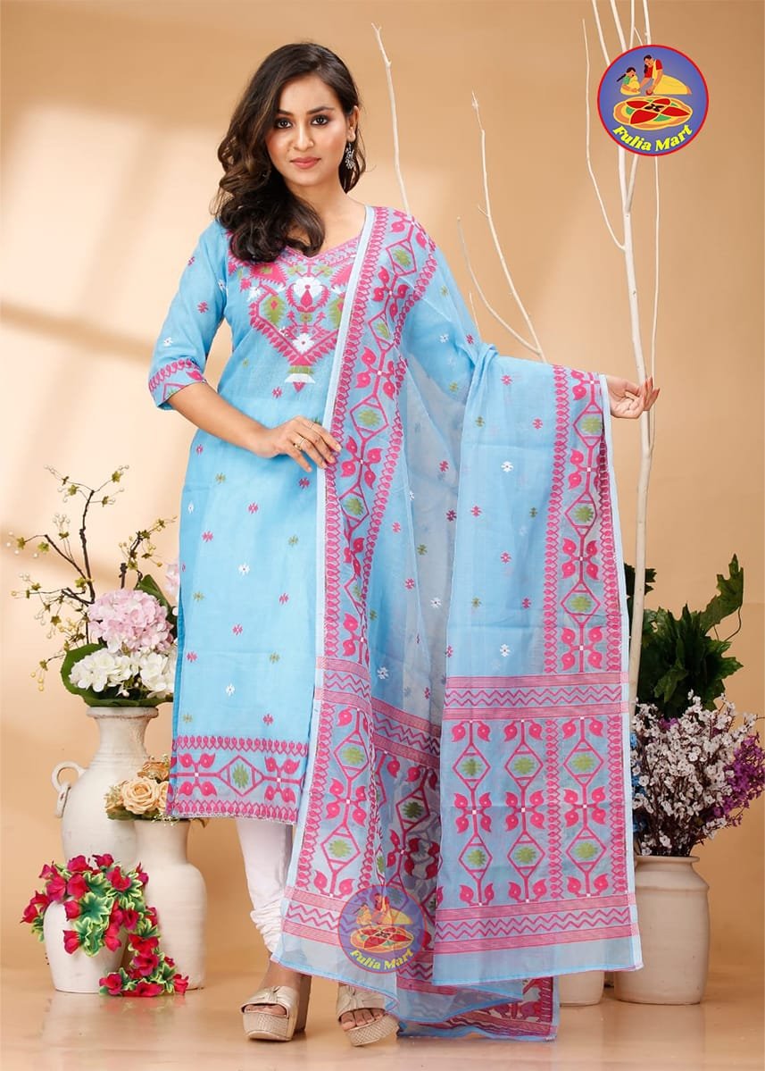 Four Leaf Coral Blue Unstitched Jamdani Kurti Set 1 Four Leaf Coral Blue Unstitched Jamdani Kurti Set