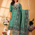 Four Leaf Dark Green Blue Unstitched Jamdani Kurti Set