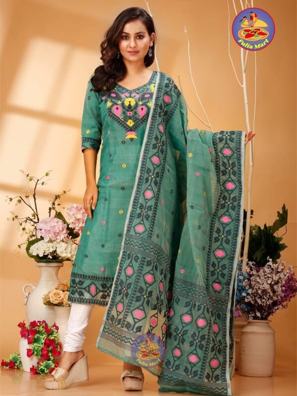 Four Leaf Dark Green Blue Unstitched Jamdani Kurti Set