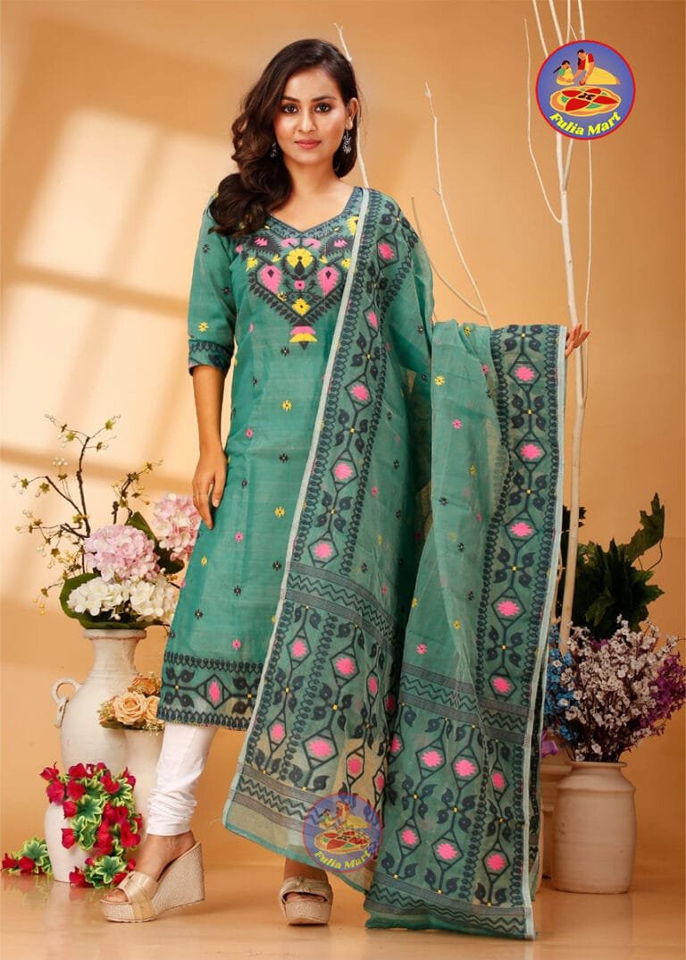 Four Leaf Dark Green Blue Unstitched Jamdani Kurti Set