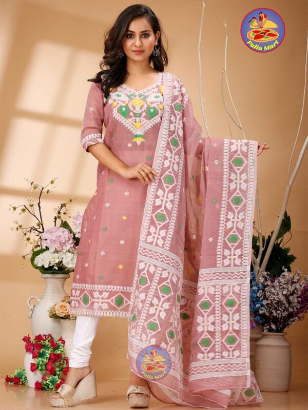 Four Leaf Dusty Pink Unstitched Jamdani Kurti Set