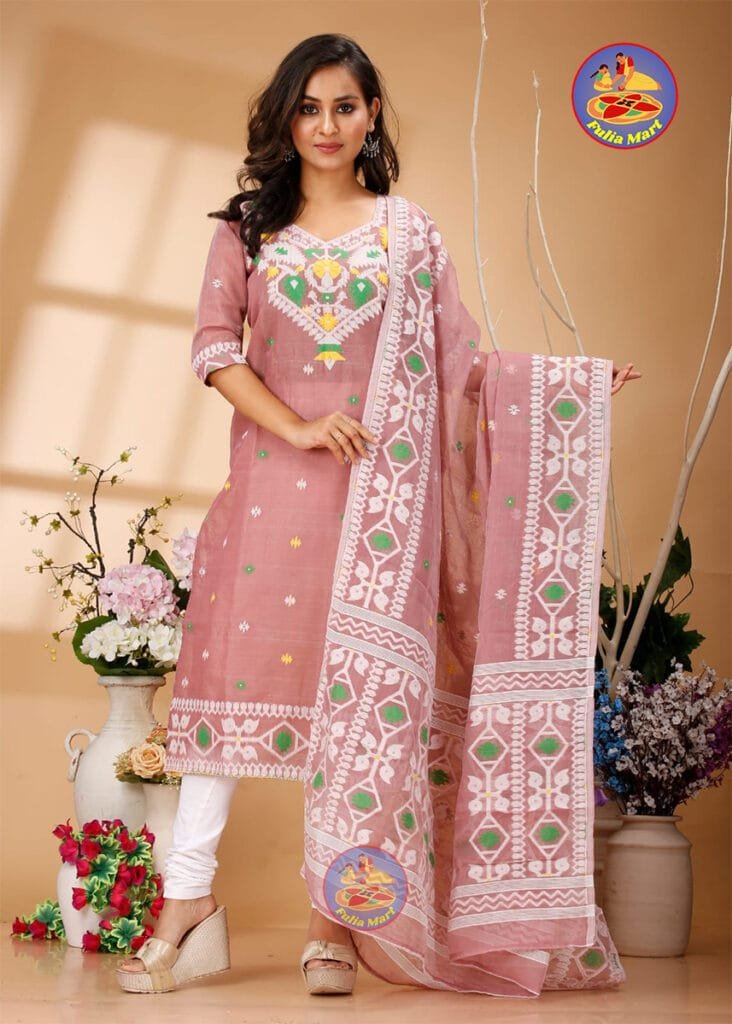 Four Leaf Dusty Pink Unstitched Jamdani Kurti Set