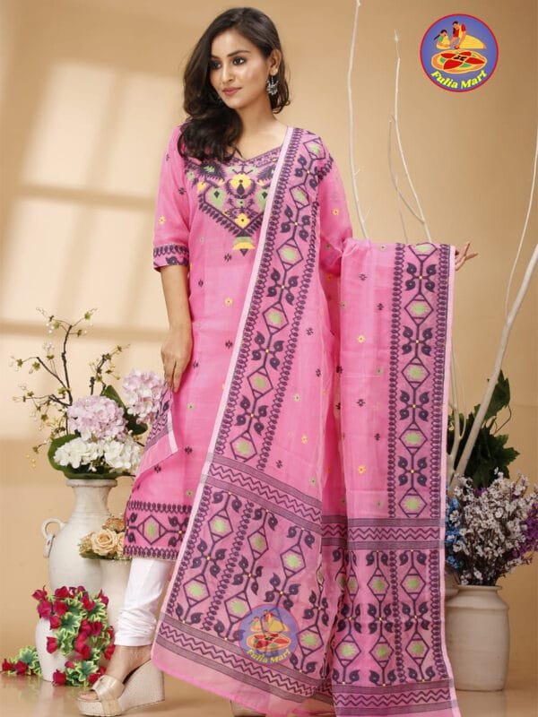 Four Leaf Pastel Magenta Unstitched Jamdani Kurti Set