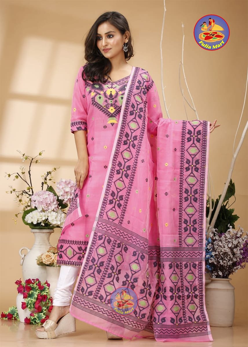 Four Leaf Pastel Magenta Unstitched Jamdani Kurti Set