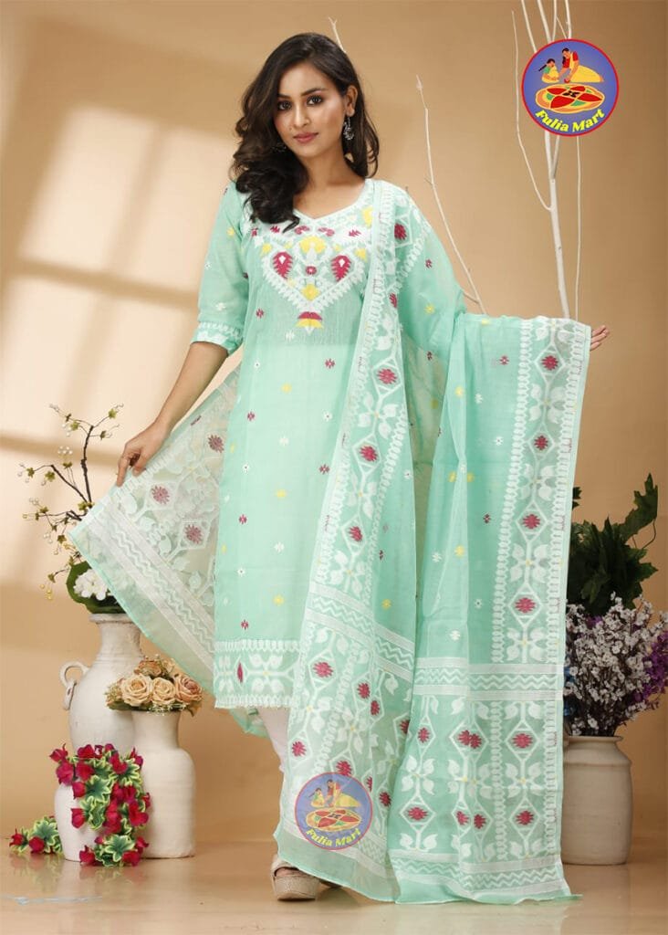 Four Leaf Vista Blue Unstitched Jamdani Kurti Set