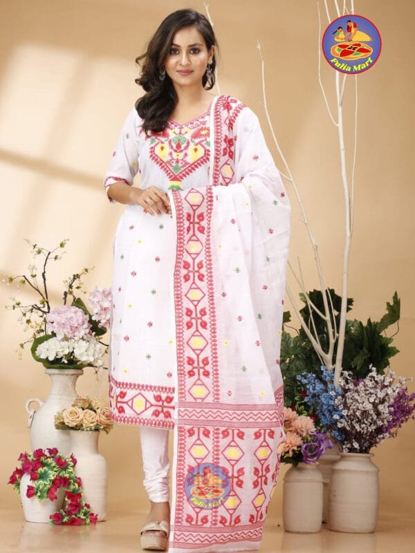 Four Leaf White Unstitched Jamdani Kurti Set