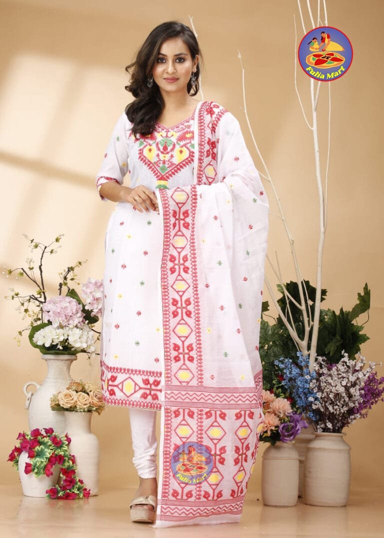 Four Leaf White Unstitched Jamdani Kurti Set