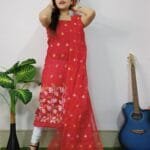 Lota Red Muga Cotton Unstitched Jamdani Kurta Set