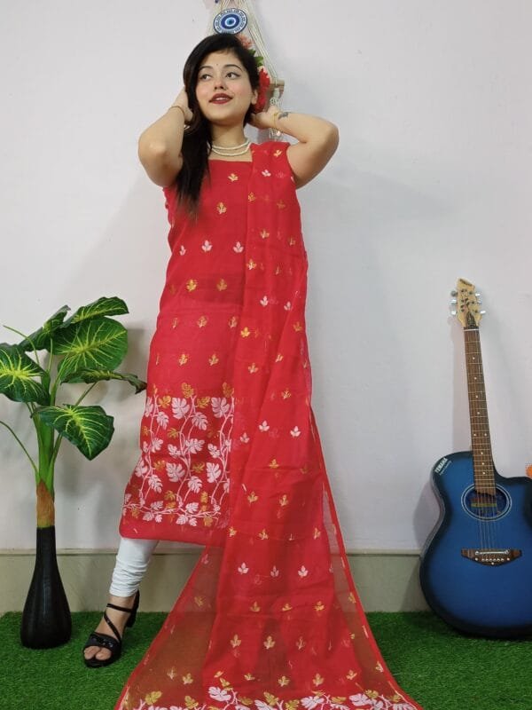 Lota Red Muga Cotton Unstitched Jamdani Kurta Set