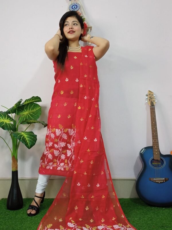Lota Red Muga Cotton Unstitched Jamdani Kurta Set
