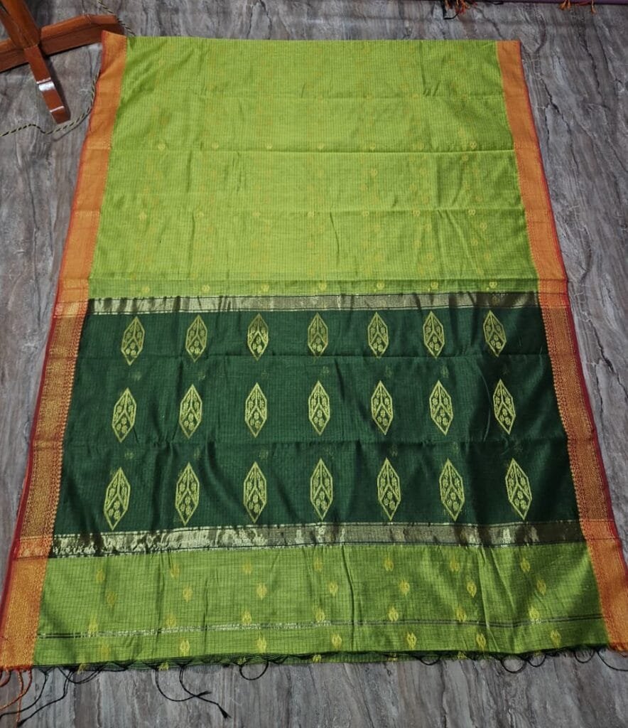 Maheshwari Design Avocado Cotton Silk Handloom Saree with Blouse Piece