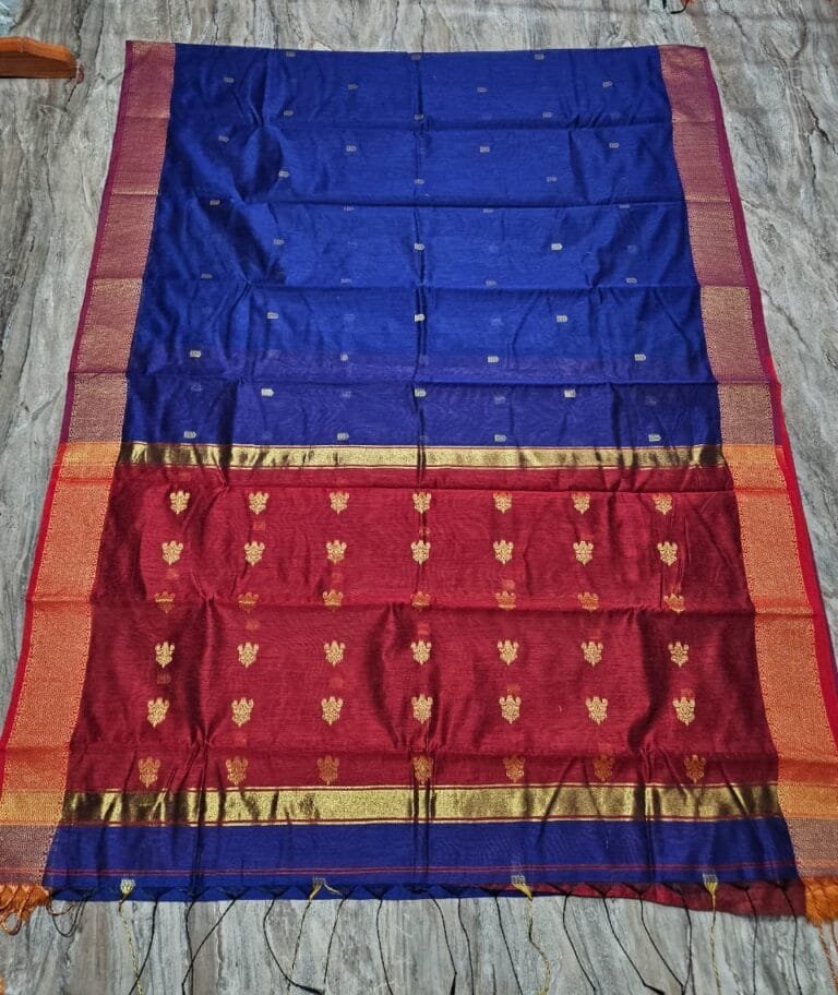 Maheshwari Design Blue Cotton Silk Handloom Saree with Blouse Piece