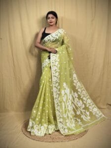 Bonolota Soft Olive Green Jamdani Saree