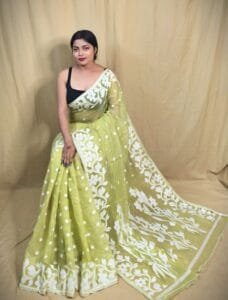 Bonolota Soft Olive Green Jamdani Saree