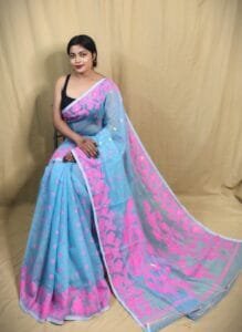 Bonolota Soft Picton Blue Jamdani Saree