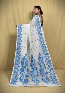 Bonolota Soft White Blue Jamdani Saree
