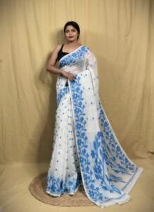 Bonolota Soft White Blue Jamdani Saree