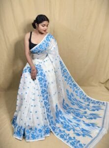 Bonolota Soft White Blue Jamdani Saree