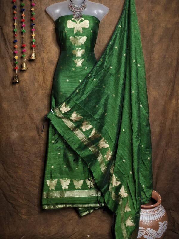 New Butterfly Dark Green Muga Cotton Unstitched Jamdani Suit Set