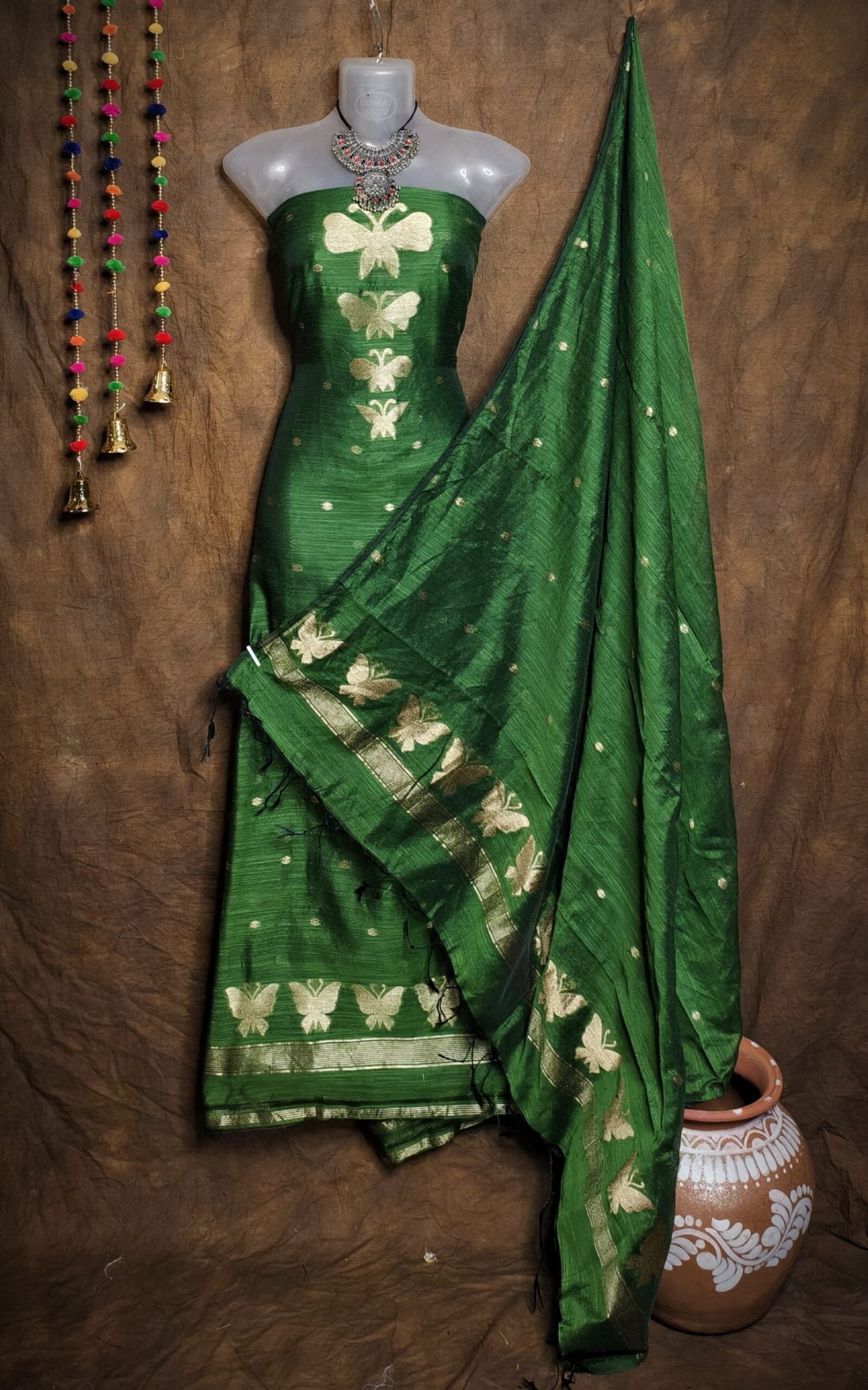 Butterfly-Gold Dark Green Unstitched 2 Piece Jamdani Suit Set 2 New Butterfly Dark Green Muga Cotton Unstitched Jamdani Suit Set