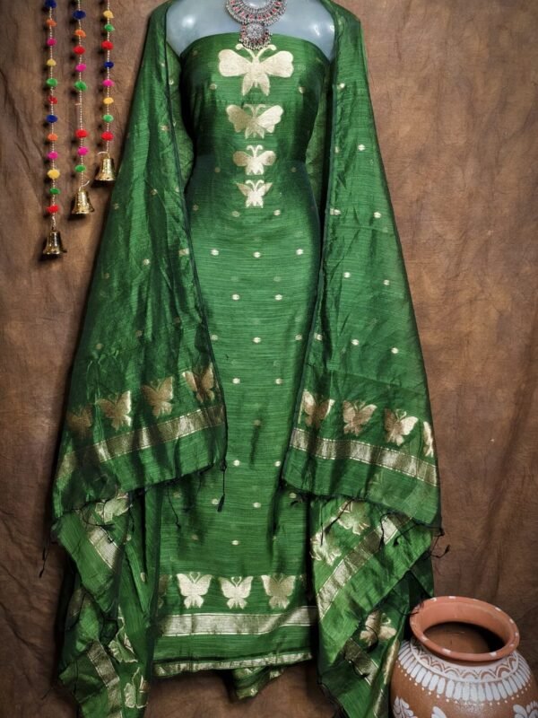 New Butterfly Dark Green Muga Cotton Unstitched Jamdani Suit Set