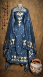 New Butterfly Dark Grey Blue Muga Cotton Unstitched Jamdani Suit Set
