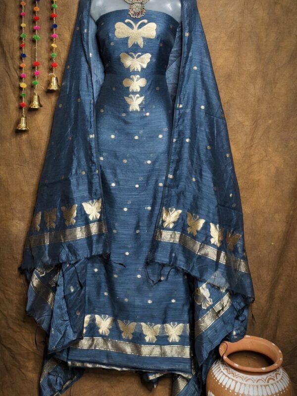 New Butterfly Dark Grey Blue Muga Cotton Unstitched Jamdani Suit Set