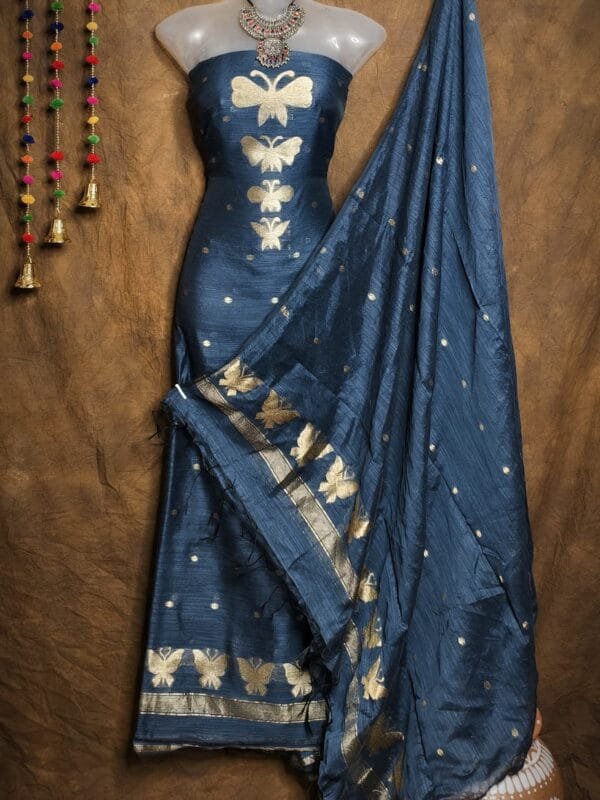 New Butterfly Dark Grey Blue Muga Cotton Unstitched Jamdani Suit Set