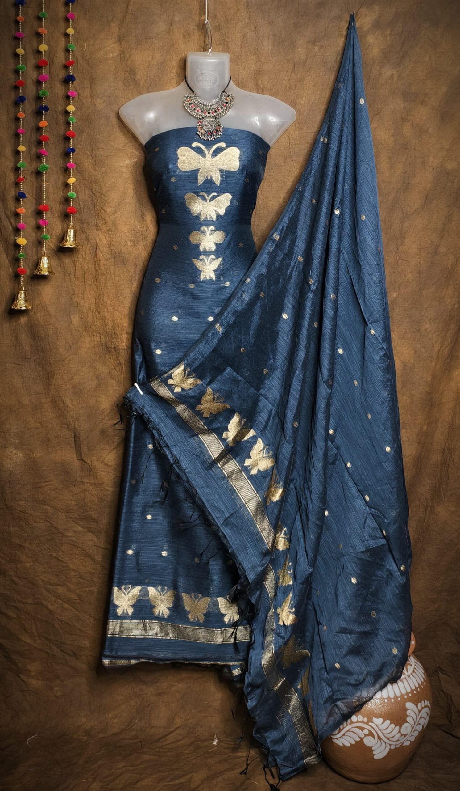 Butterfly-Gold Grey Blue Unstitched 2 Piece Jamdani Suit Set 2 New Butterfly Dark Grey Blue Muga Cotton Unstitched Jamdani Suit Set