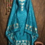 Butterfly-Gold Deep Aqua Unstitched 2 Piece Jamdani Suit Set