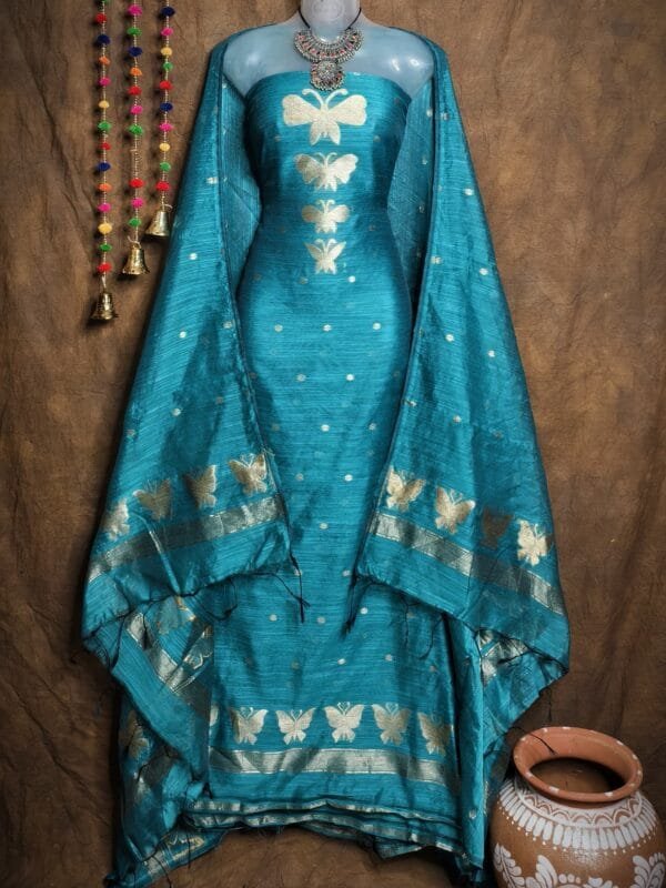 New Butterfly Deep Aqua Muga Cotton Unstitched Jamdani Suit Set