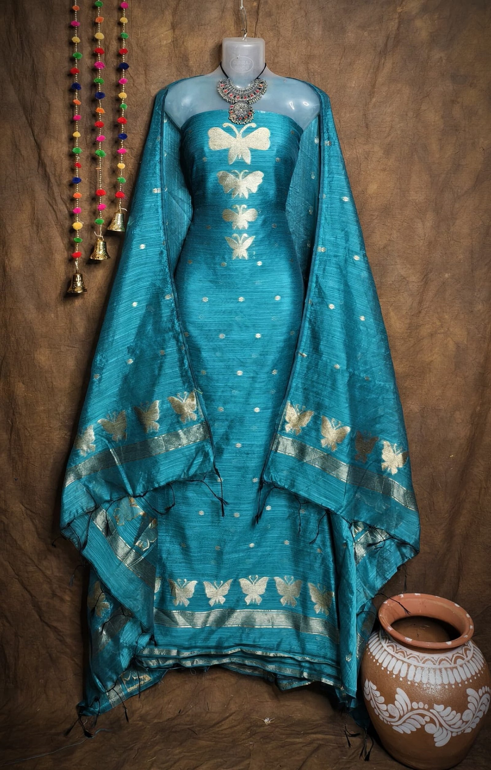 New Butterfly Deep Aqua Muga Cotton Unstitched Jamdani Suit Set New Butterfly Deep Aqua Muga Cotton Unstitched Jamdani Suit Set